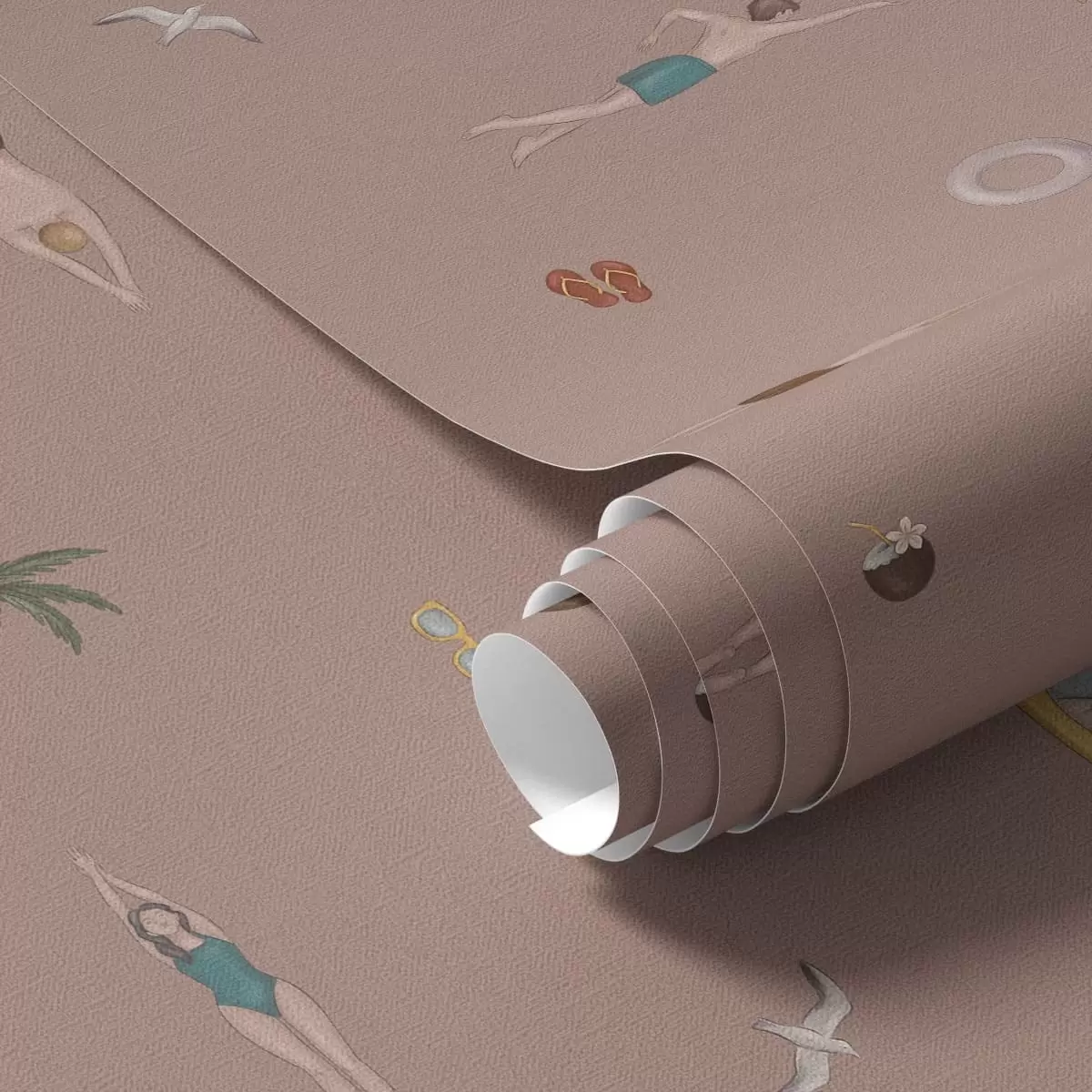 Papier peint Des nageurs, des palmiers et des accessoires de plage sur fond rose a01276v2