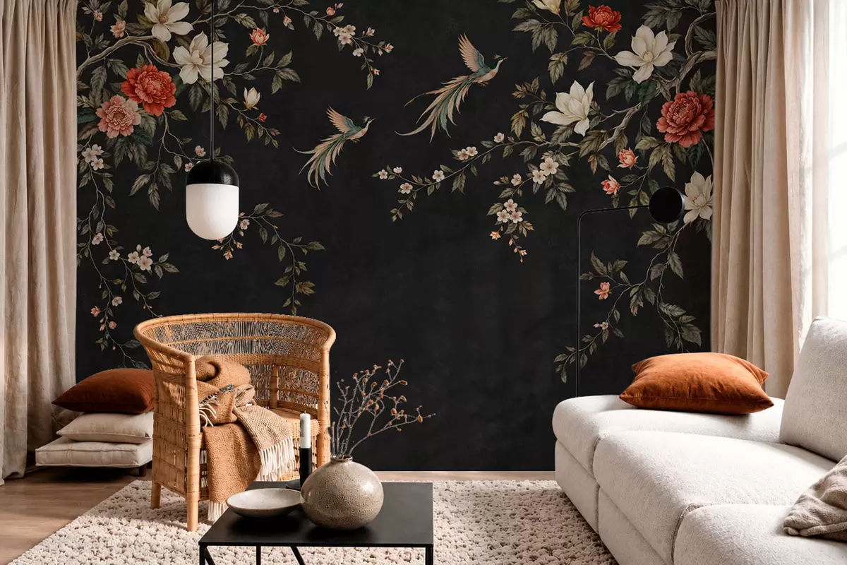 Papier peint Des branches fleuries et des oiseaux exotiques sur un fond sombre w05955v1
