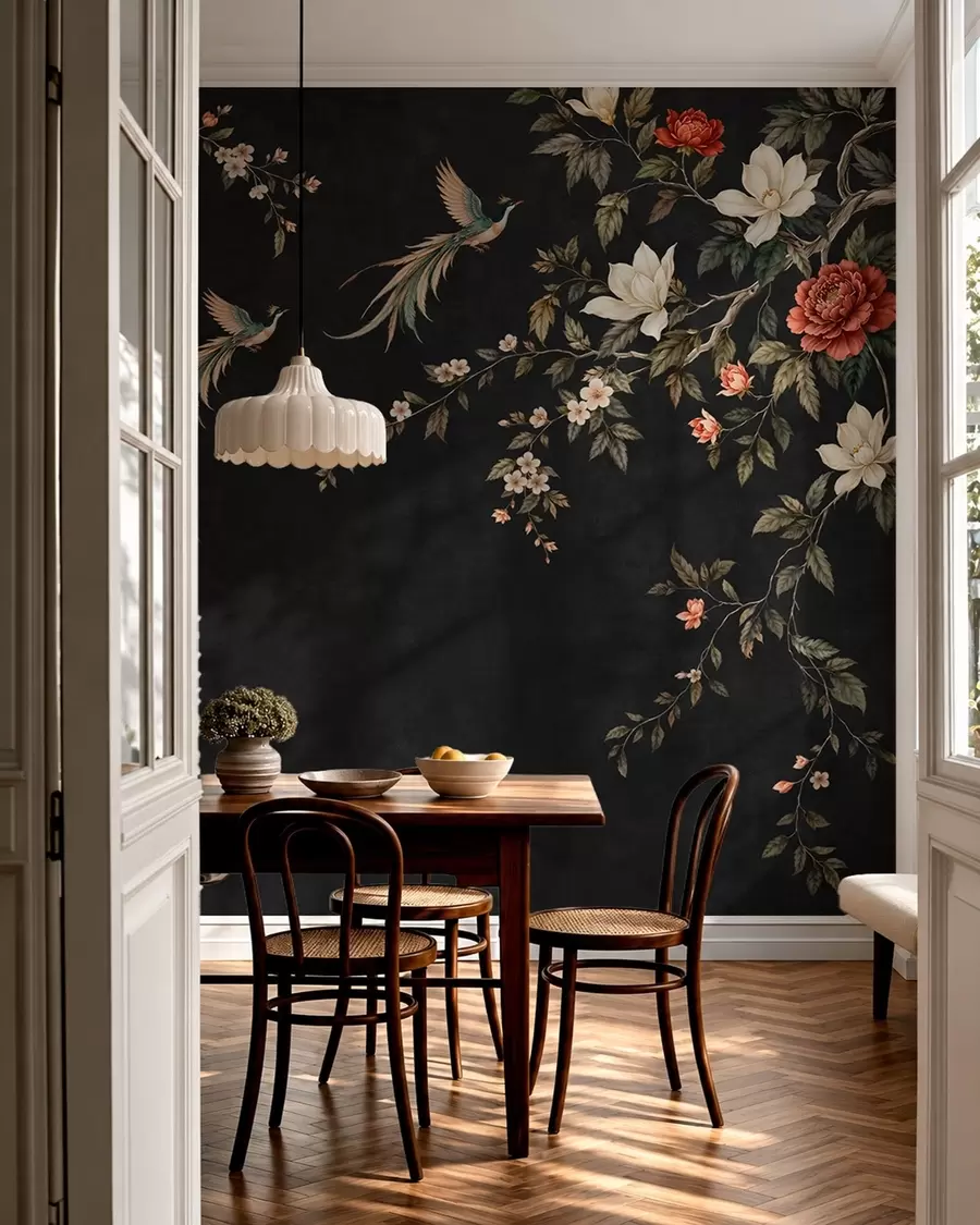 Papier peint Des branches fleuries et des oiseaux exotiques sur un fond sombre w05955v1