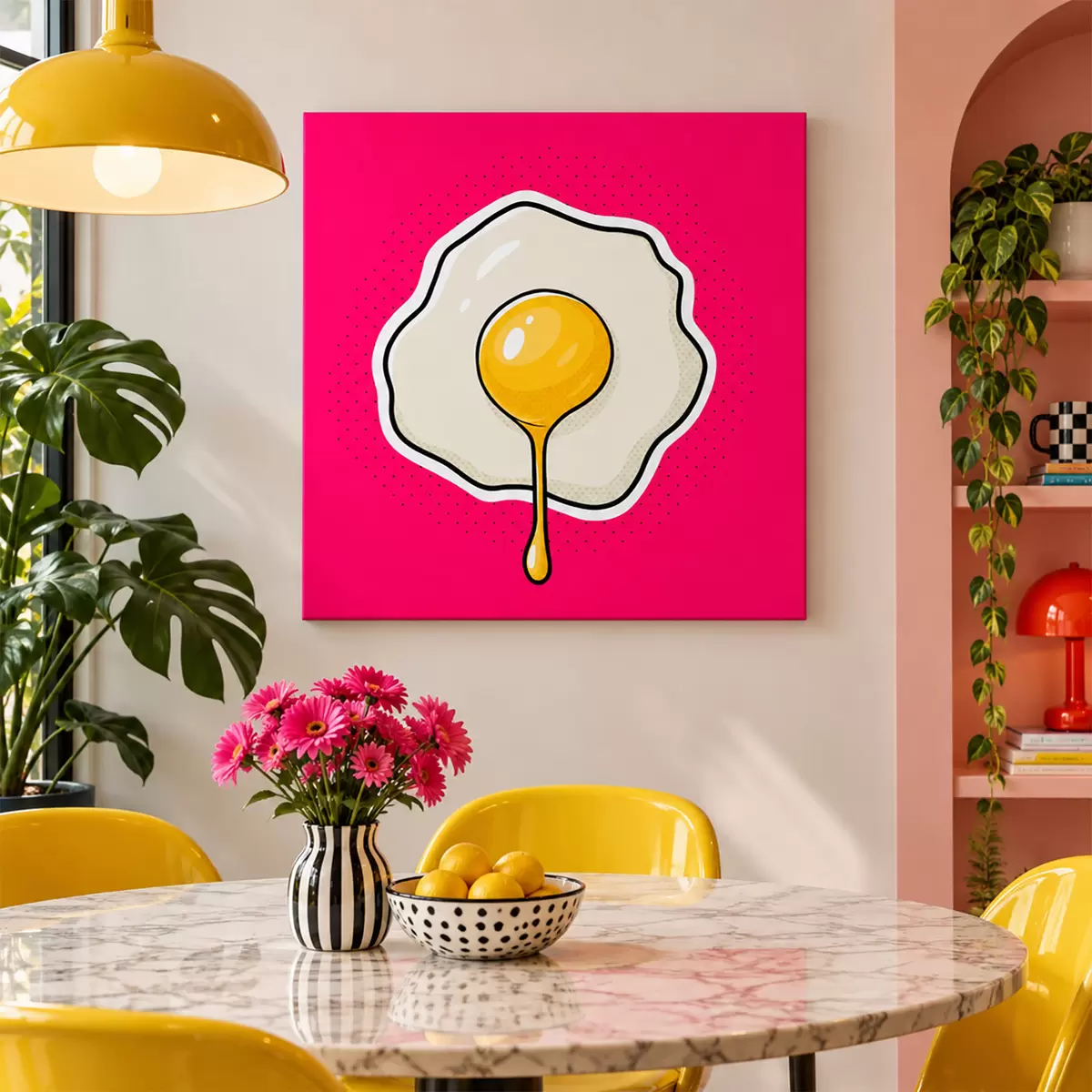 Tableau Un délice d'œuf au plat sur fond rose s50788