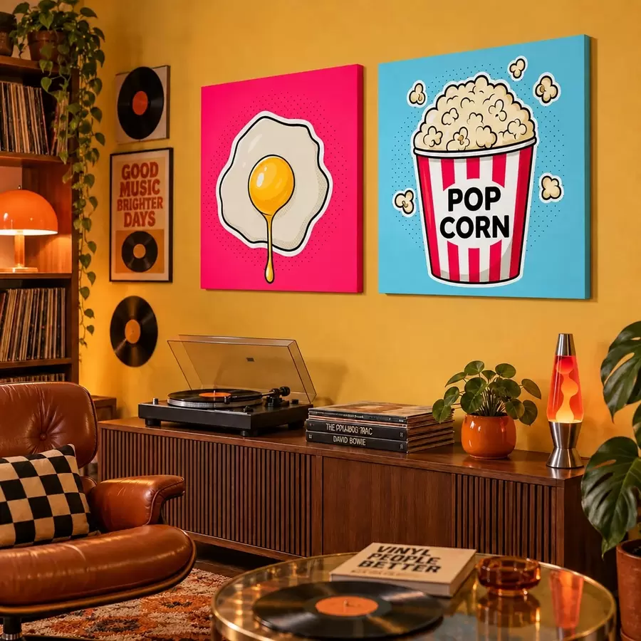 Papier peint Ensemble artistique composé d'un œuf au plat et de pop-corn m31076