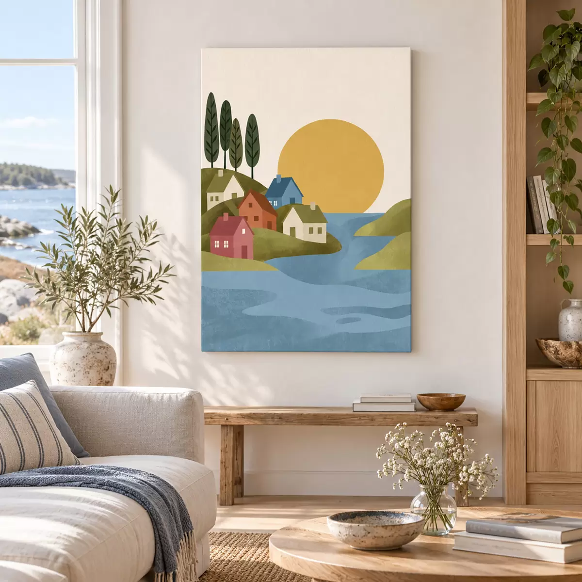 Tableau Des maisons de charme au bord d'un plan d'eau paisible s50734