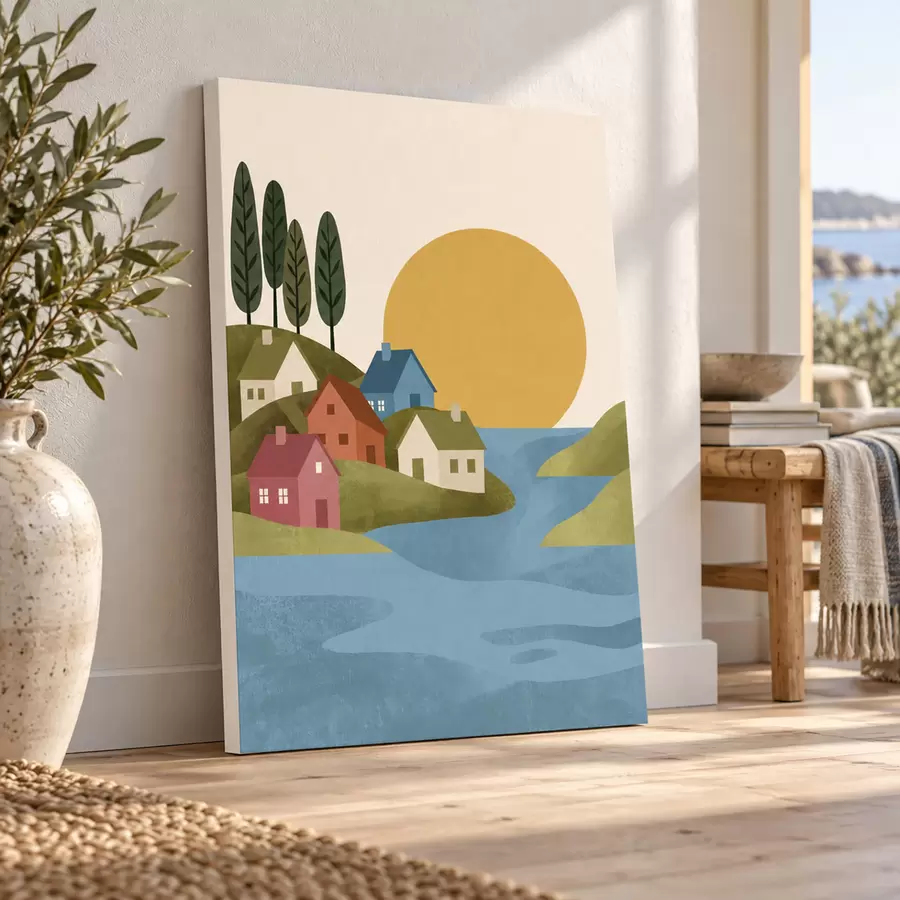 Tableau Des maisons de charme au bord d'un plan d'eau paisible s50734