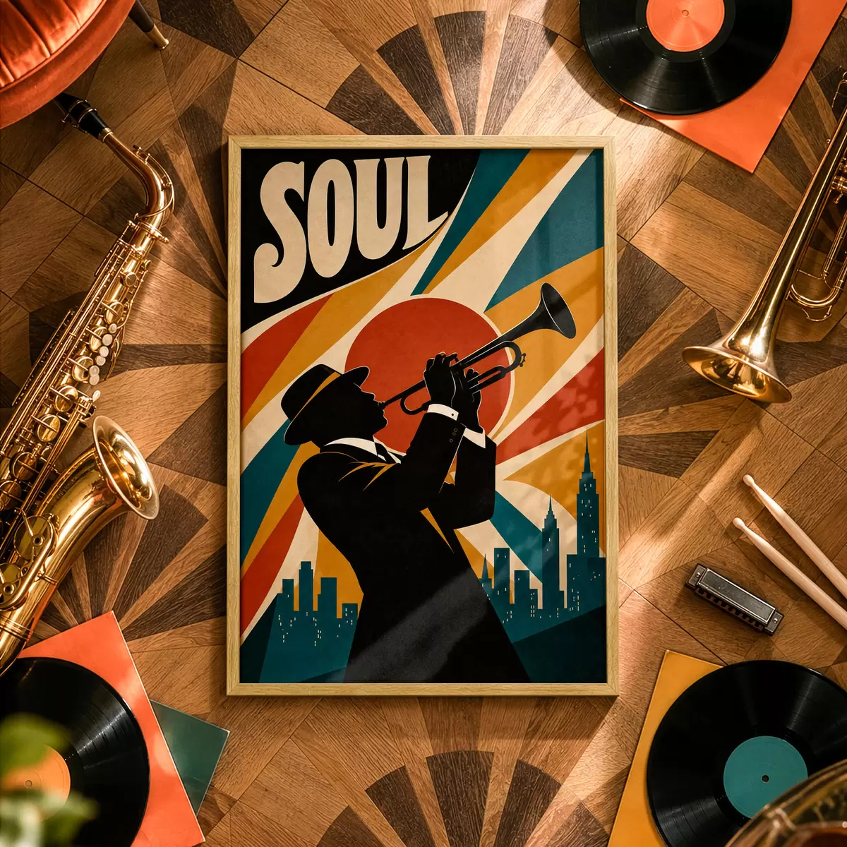 Poster Le jazz résonne à travers les toits de la ville f50925