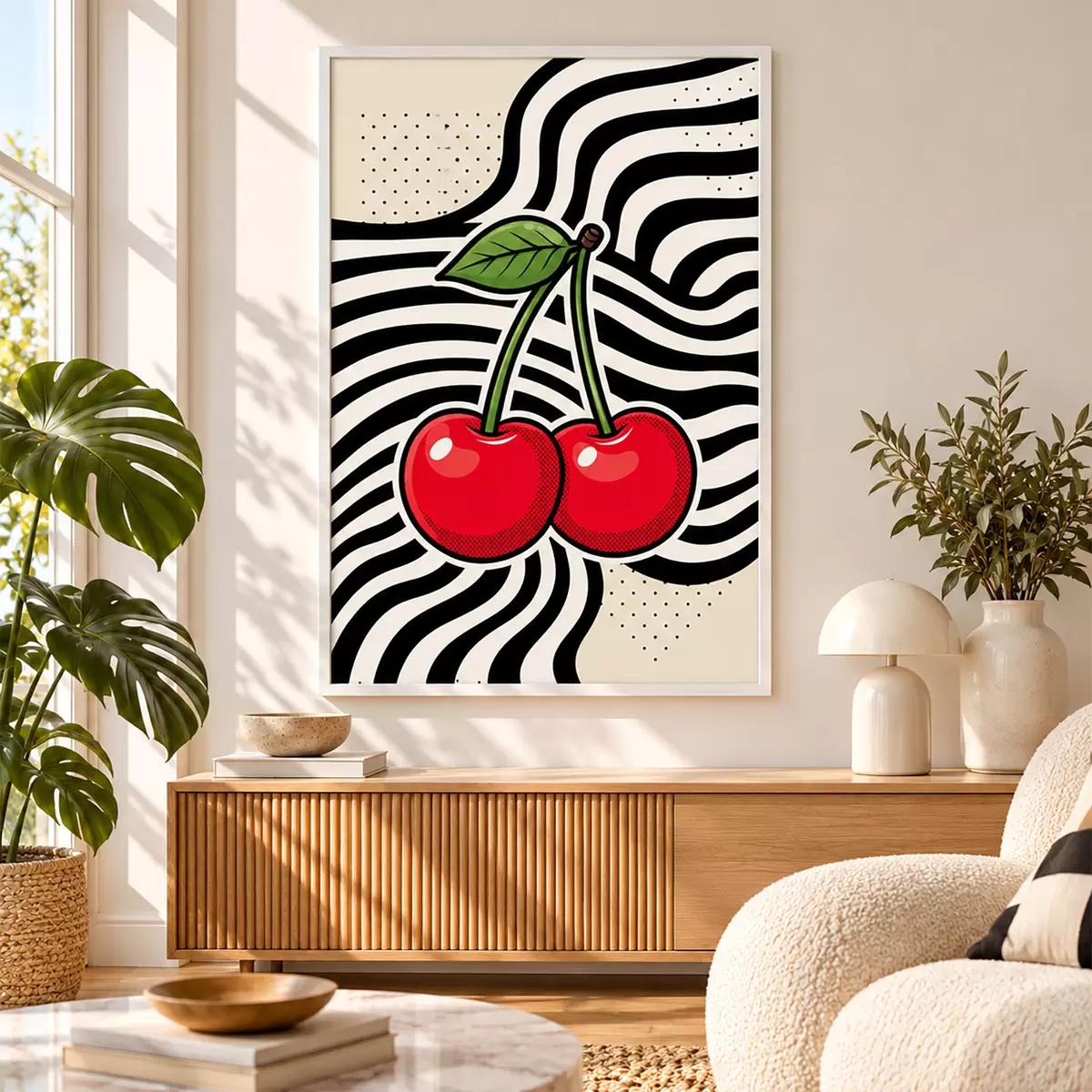 Poster Des cerises aux couleurs vives qui contrastent avec des motifs audacieux f50787