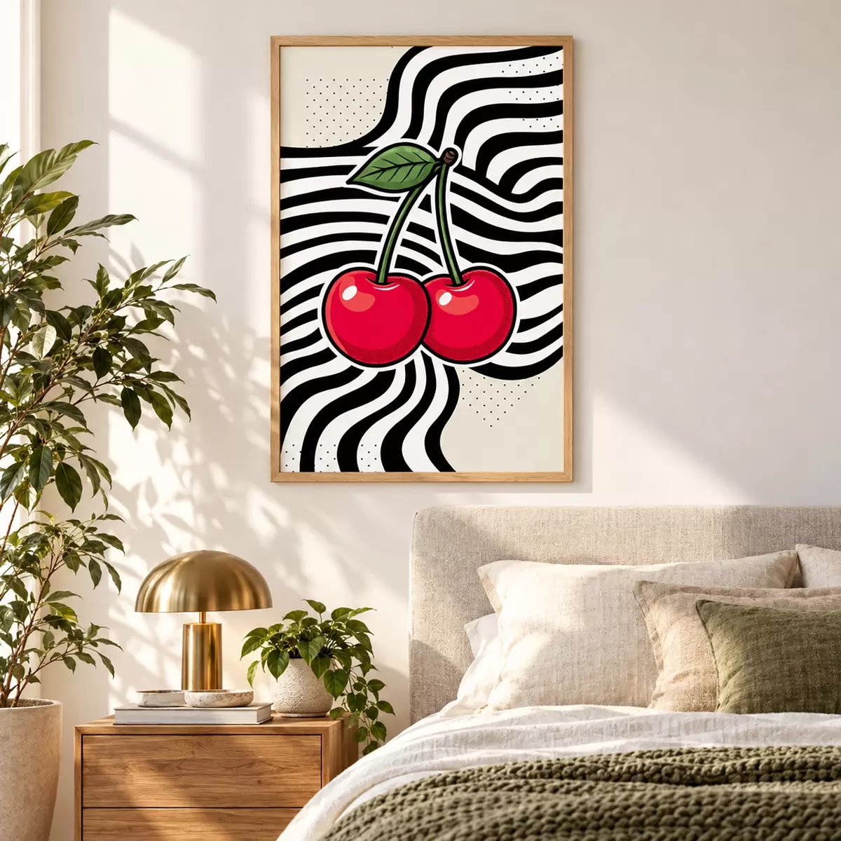 Poster Des cerises aux couleurs vives qui contrastent avec des motifs audacieux f50787
