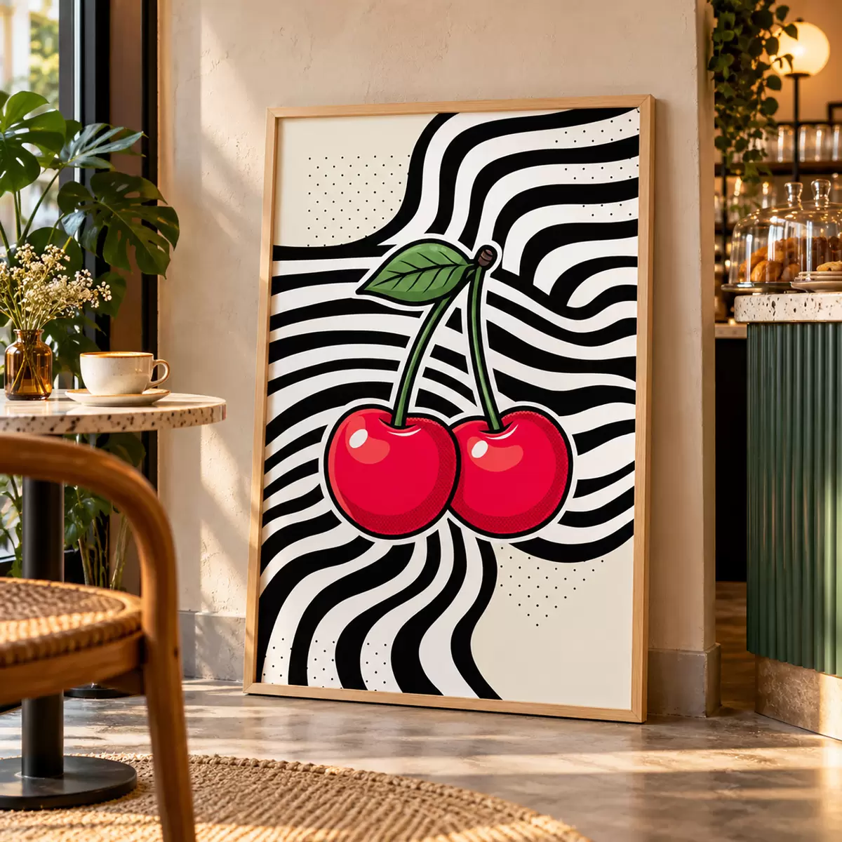 Poster Des cerises aux couleurs vives qui contrastent avec des motifs audacieux f50787