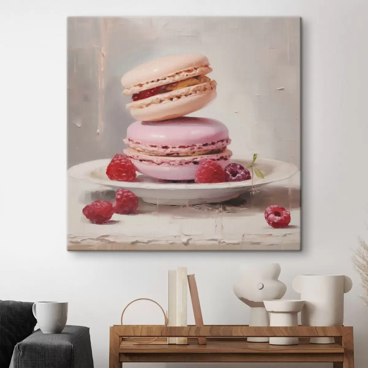 Tableau Des macarons disposés sur une assiette, à la manière d'un tableau s51143
