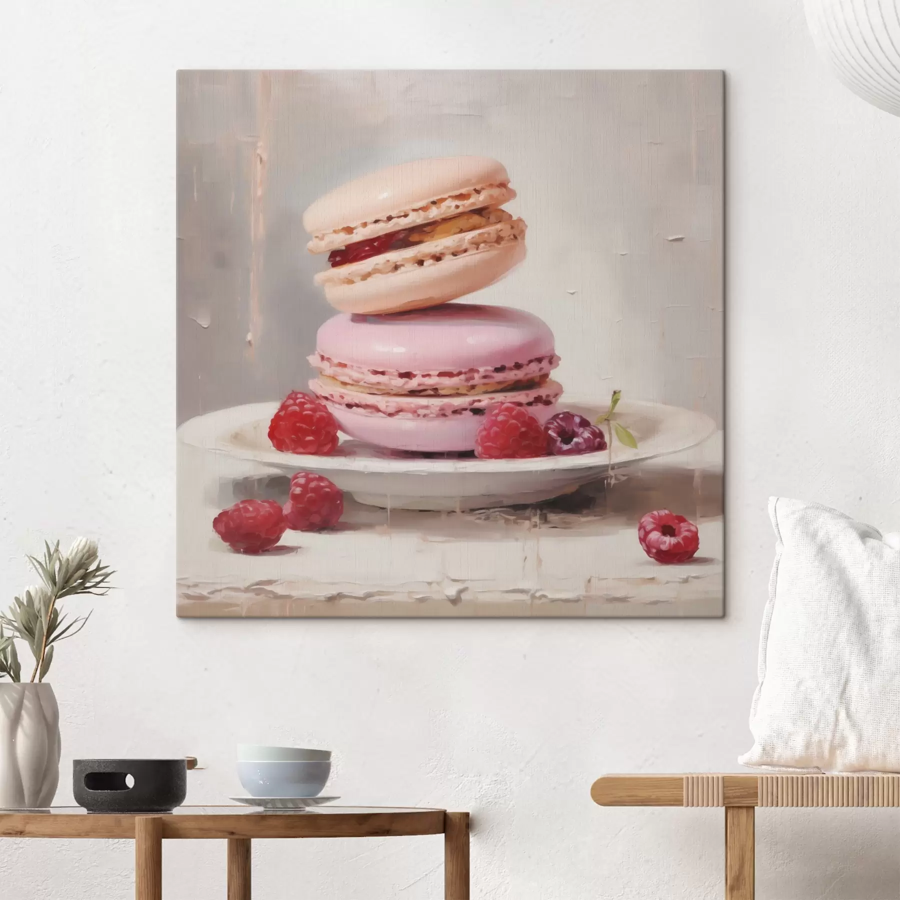 Tableau Des macarons disposés sur une assiette, à la manière d'un tableau s51143