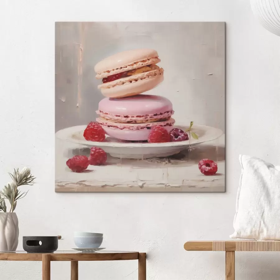 Tableau Des macarons disposés sur une assiette, à la manière d'un tableau s51143