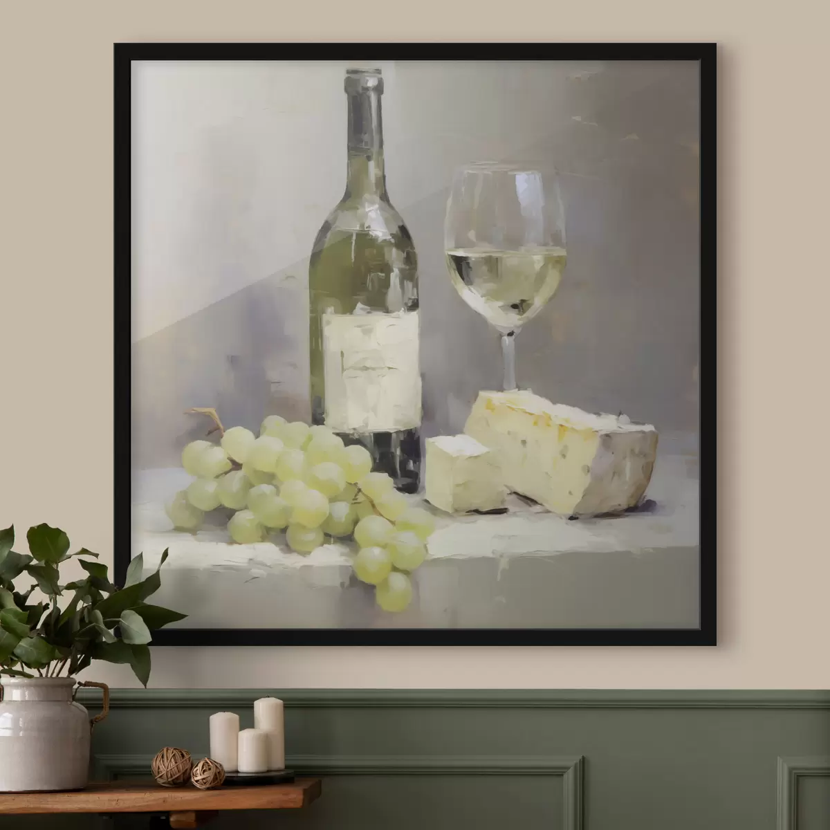 Poster Une bouteille de vin et des raisins, une reproduction d'un tableau f51135