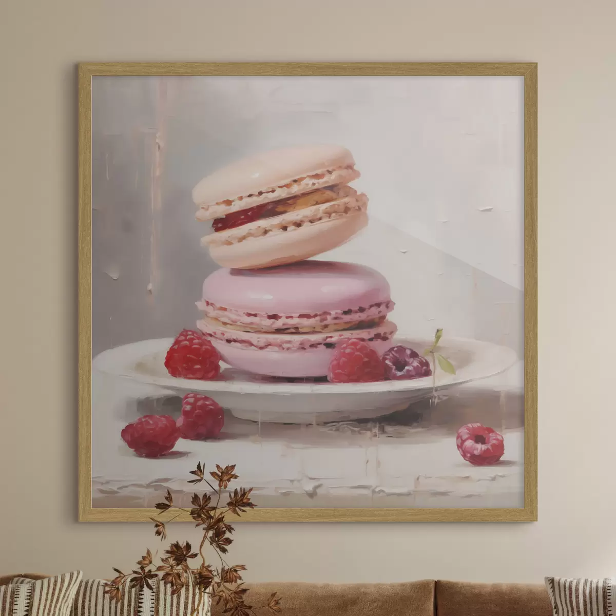 Poster Des macarons disposés sur une assiette, à la manière d'un tableau f51143