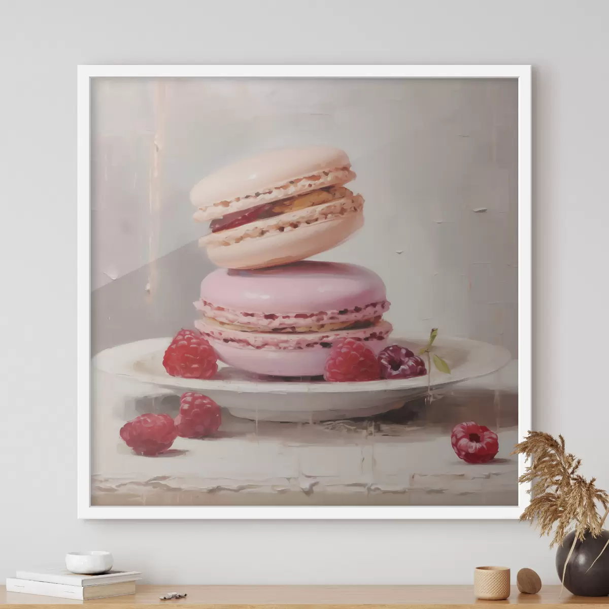 Poster Des macarons disposés sur une assiette, à la manière d'un tableau f51143