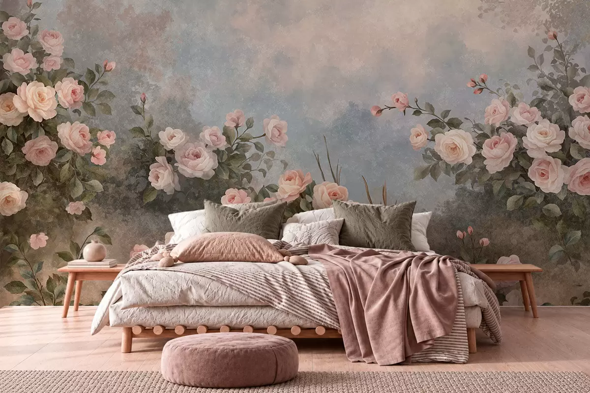 Papier peint Des rosiers aux fleurs roses éclatantes se détachant sur un paysage brumeux w05888