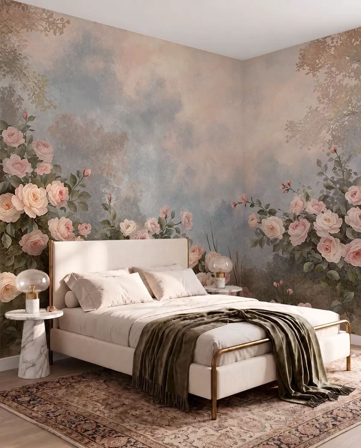Papier peint Des rosiers aux fleurs roses éclatantes se détachant sur un paysage brumeux w05888
