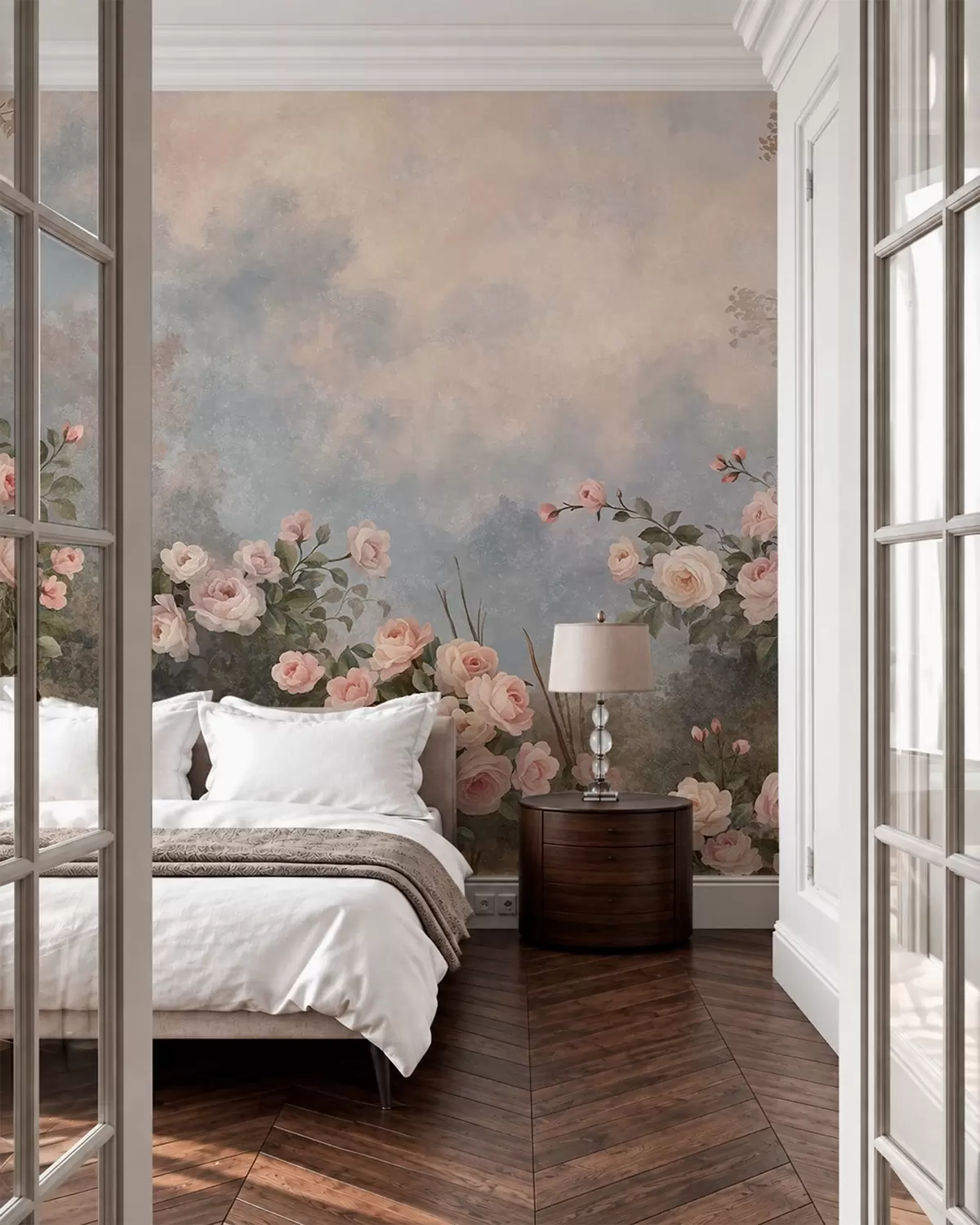 Papier peint Des rosiers aux fleurs roses éclatantes se détachant sur un paysage brumeux w05888
