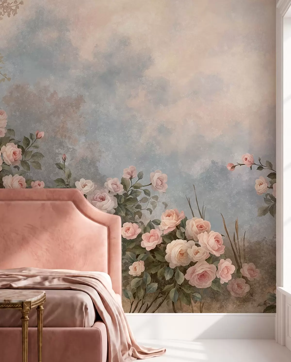 Papier peint Des rosiers aux fleurs roses éclatantes se détachant sur un paysage brumeux w05888