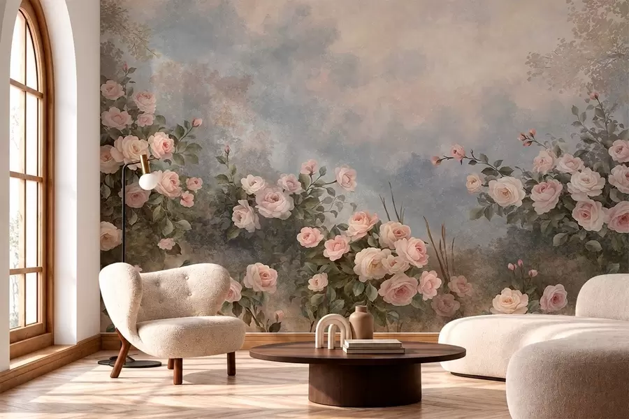 Papier peint Des rosiers aux fleurs roses éclatantes se détachant sur un paysage brumeux w05888
