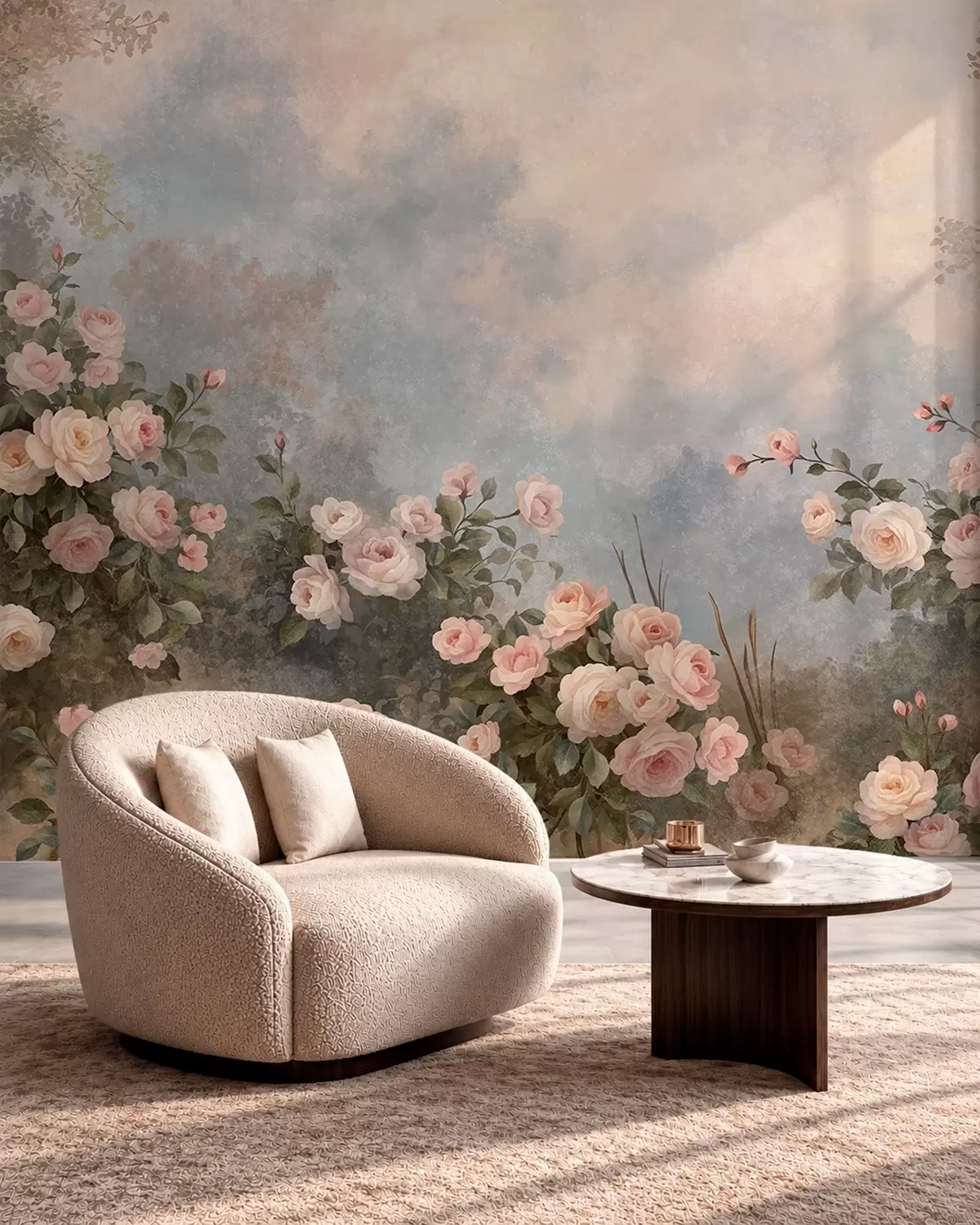 Papier peint Des rosiers aux fleurs roses éclatantes se détachant sur un paysage brumeux w05888