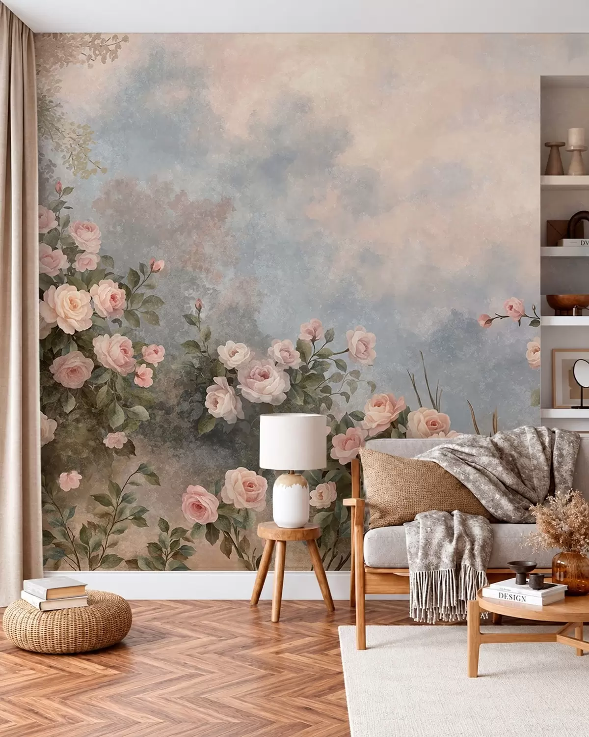 Papier peint Des rosiers aux fleurs roses éclatantes se détachant sur un paysage brumeux w05888