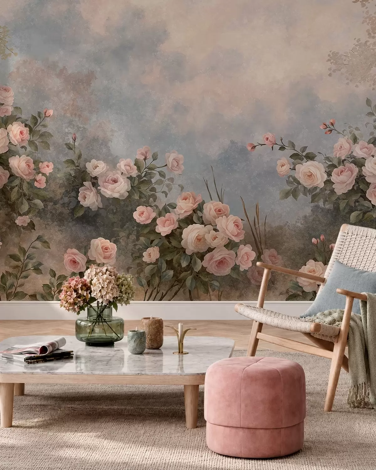 Papier peint Des rosiers aux fleurs roses éclatantes se détachant sur un paysage brumeux w05888
