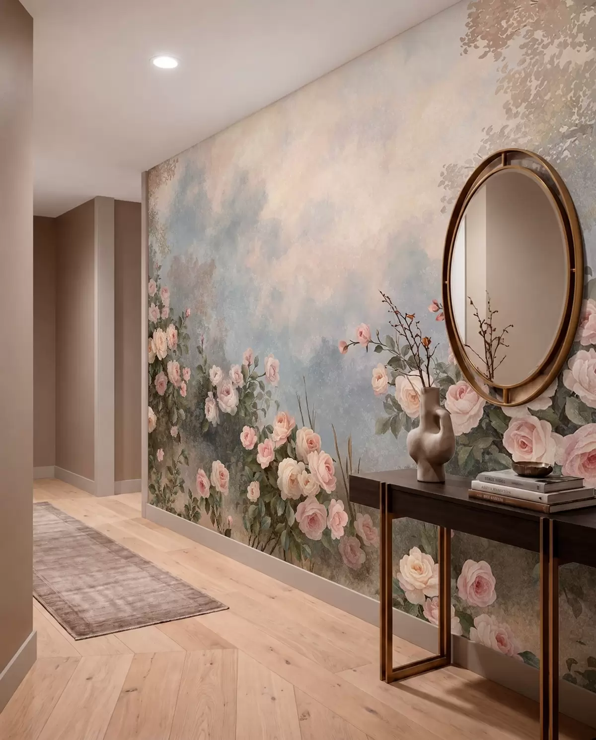 Papier peint Des rosiers aux fleurs roses éclatantes se détachant sur un paysage brumeux w05888