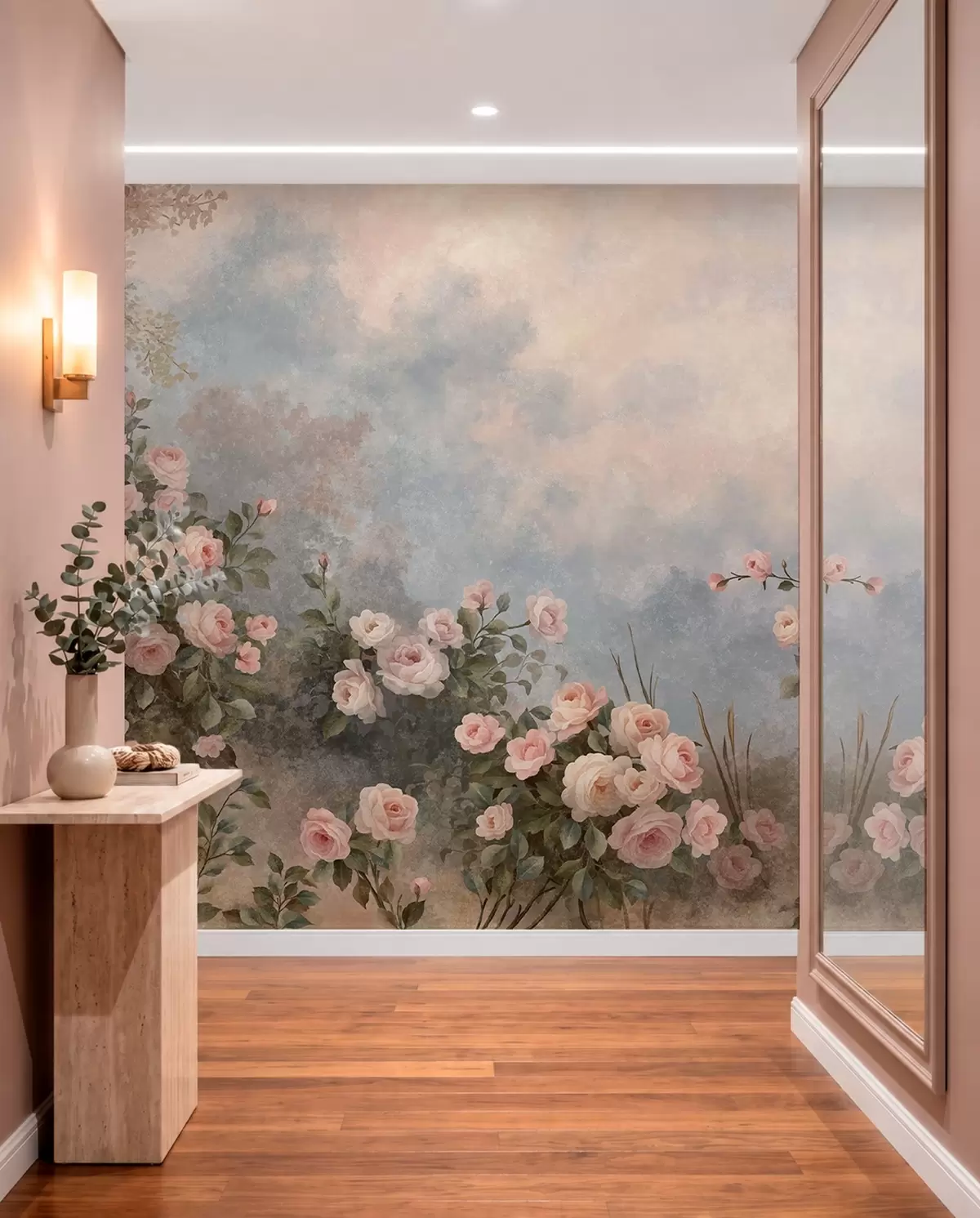 Papier peint Des rosiers aux fleurs roses éclatantes se détachant sur un paysage brumeux w05888