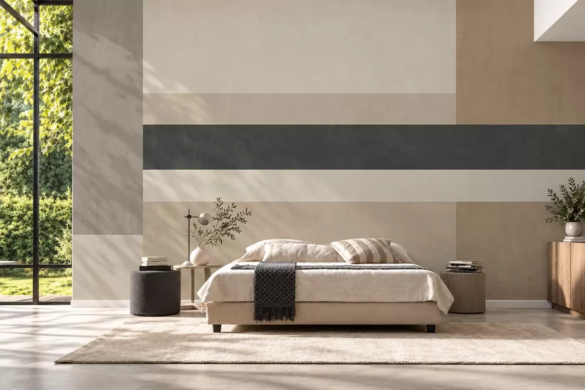 Papier peint Rectangles abstraits dans des tons beiges chauds, ornés d'une bande sombre w05890