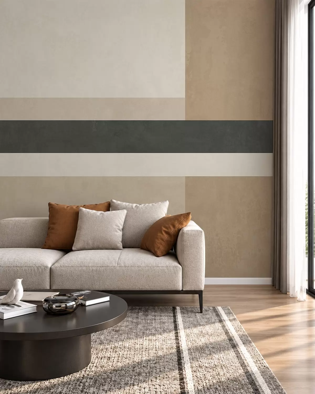 Papier peint Rectangles abstraits dans des tons beiges chauds, ornés d'une bande sombre w05890