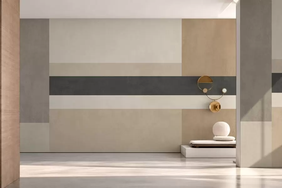 Papier peint Rectangles abstraits dans des tons beiges chauds, ornés d'une bande sombre w05890