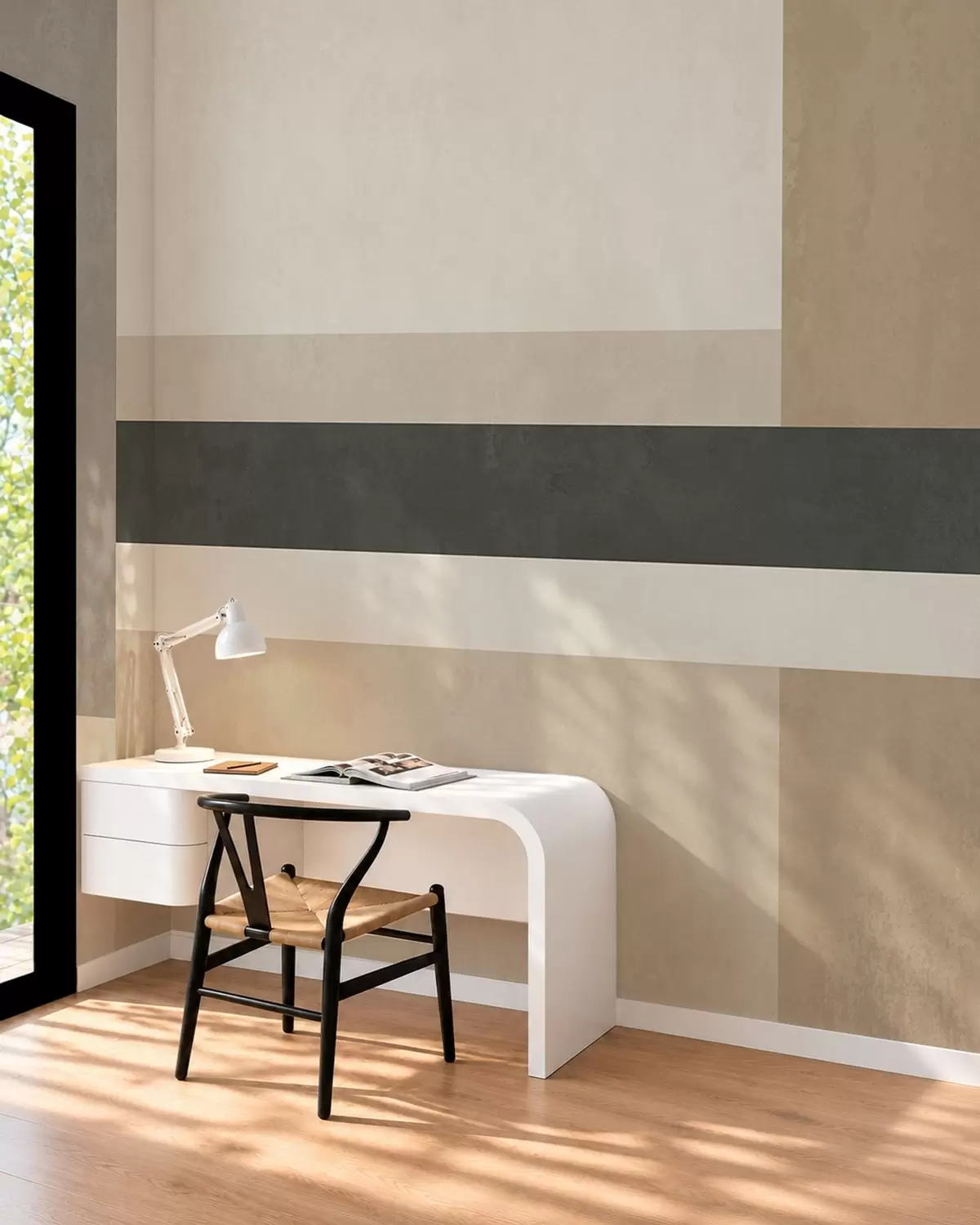 Papier peint Rectangles abstraits dans des tons beiges chauds, ornés d'une bande sombre w05890
