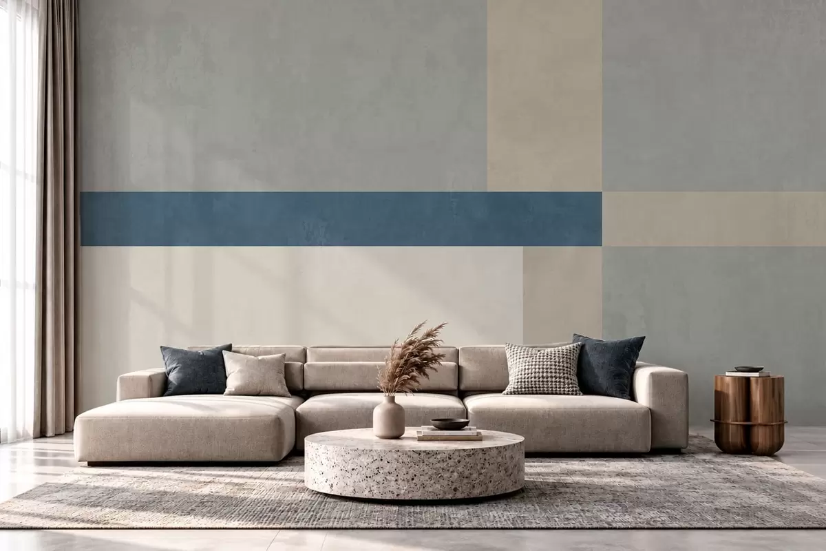 Papier peint Des motifs géométriques dans des tons de gris et de beige, agrémentés d'une rayure bleue w05891v1