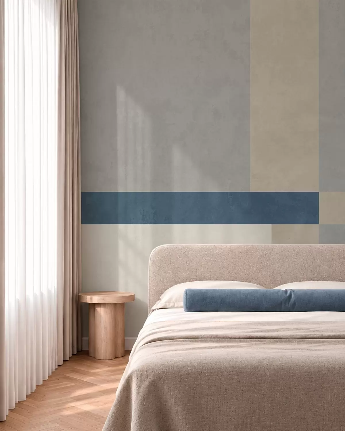 Papier peint Des motifs géométriques dans des tons de gris et de beige, agrémentés d'une rayure bleue w05891v1
