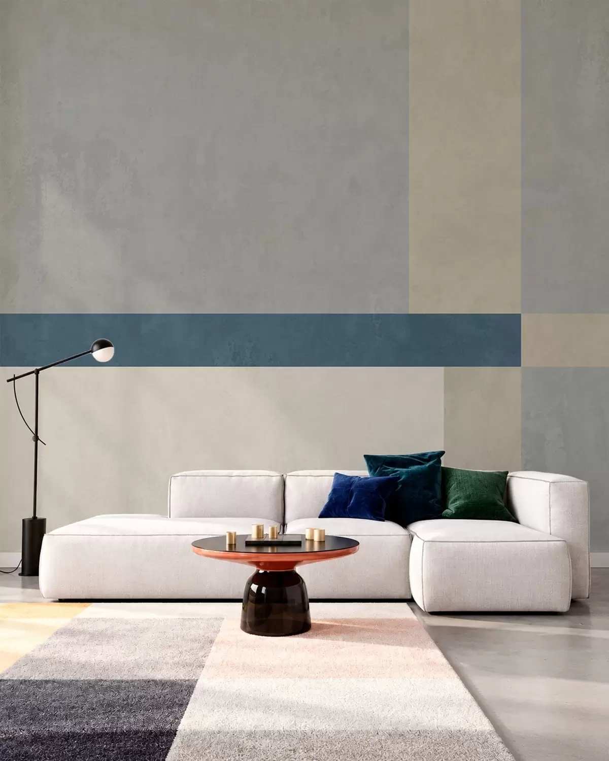 Papier peint Des motifs géométriques dans des tons de gris et de beige, agrémentés d'une rayure bleue w05891v1