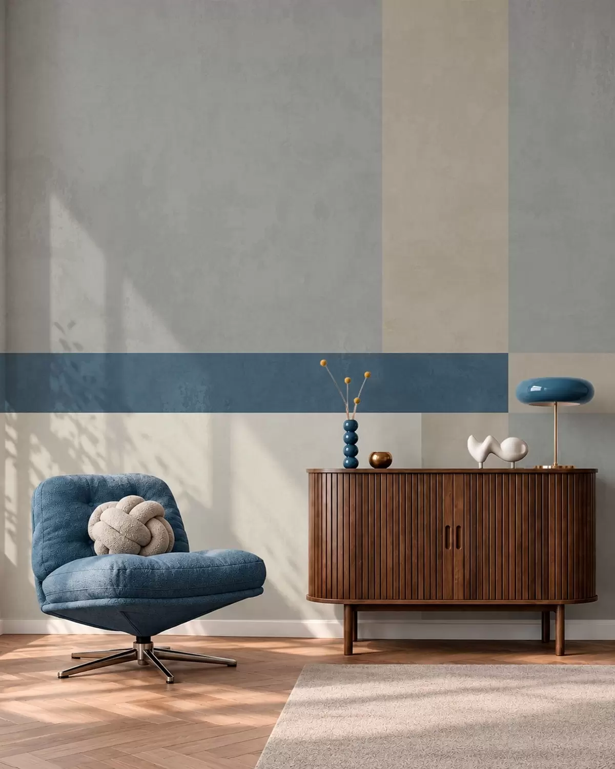 Papier peint Des motifs géométriques dans des tons de gris et de beige, agrémentés d'une rayure bleue w05891v1