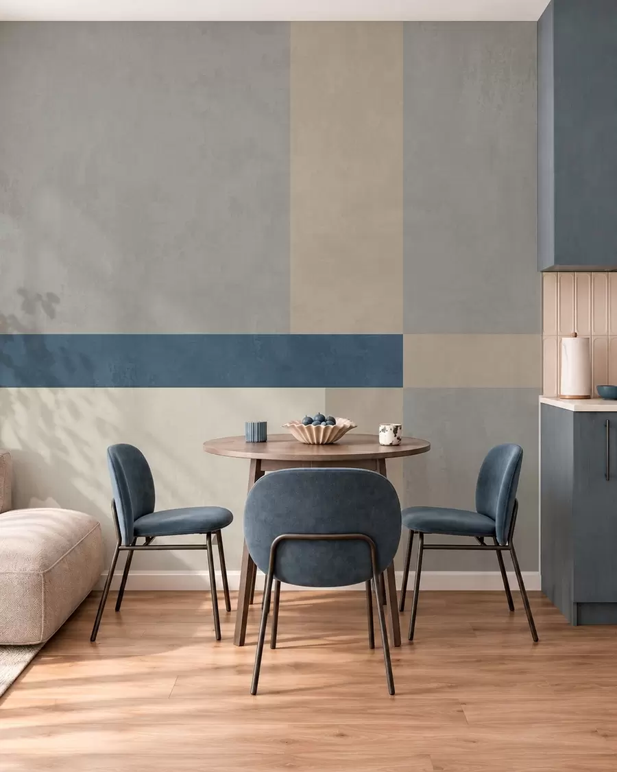 Papier peint Des motifs géométriques dans des tons de gris et de beige, agrémentés d'une rayure bleue w05891v1