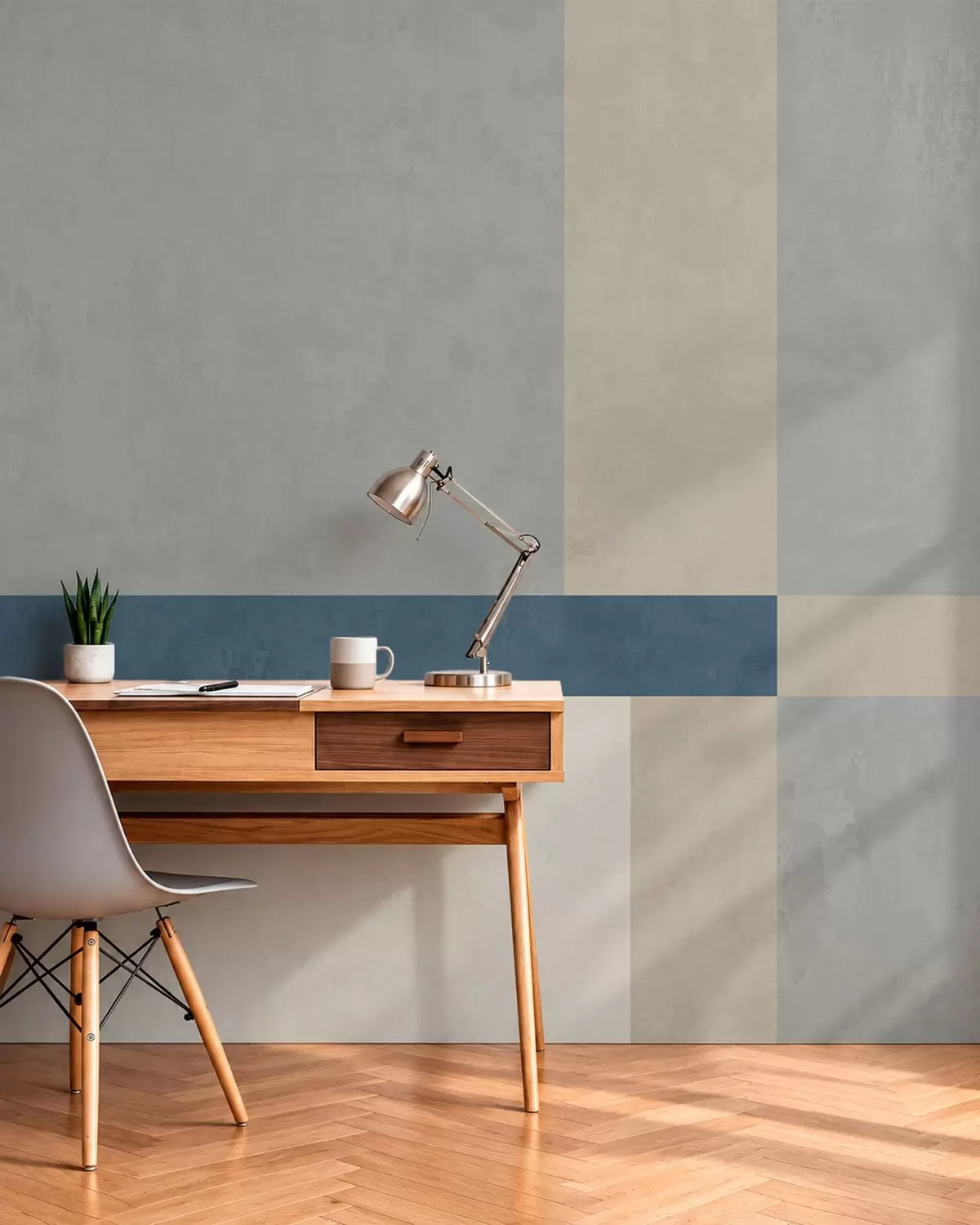 Papier peint Des motifs géométriques dans des tons de gris et de beige, agrémentés d'une rayure bleue w05891v1