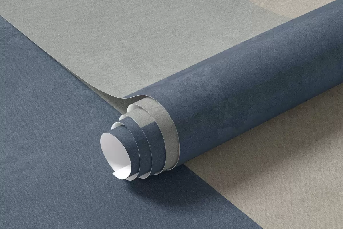 Papier peint Des motifs géométriques dans des tons de gris et de beige, agrémentés d'une rayure bleue w05891v1