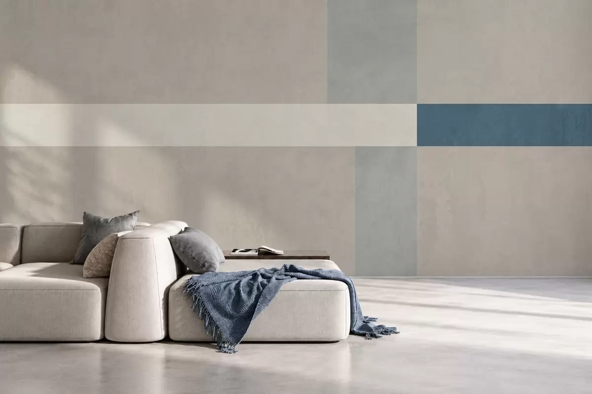 Papier peint Rectangles abstraits beiges et gris rehaussés d'une touche de bleu w05891v2