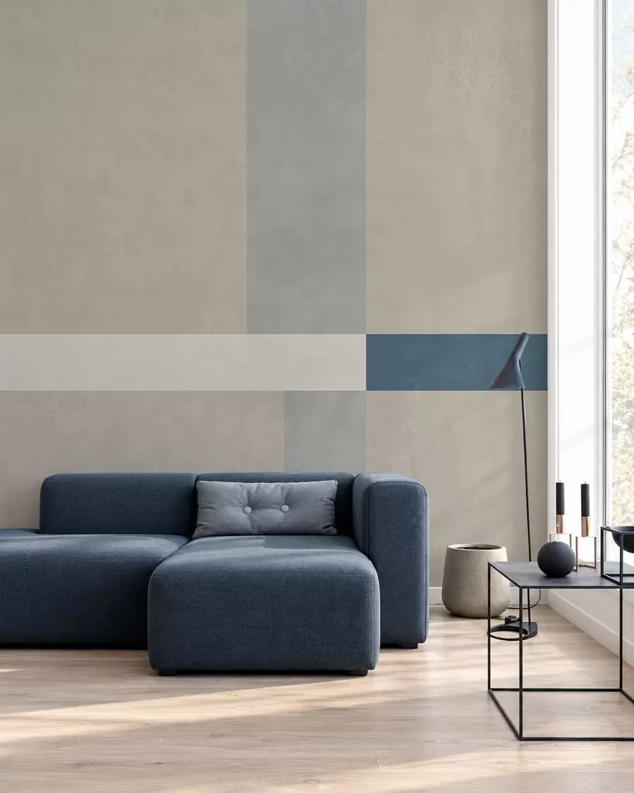 Papier peint Rectangles abstraits beiges et gris rehaussés d'une touche de bleu w05891v2