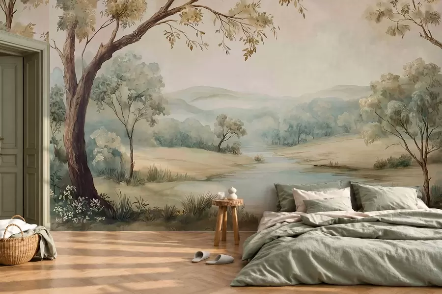 Papier peint Paysage délicat avec des arbres, un lac et des collines au loin w05957