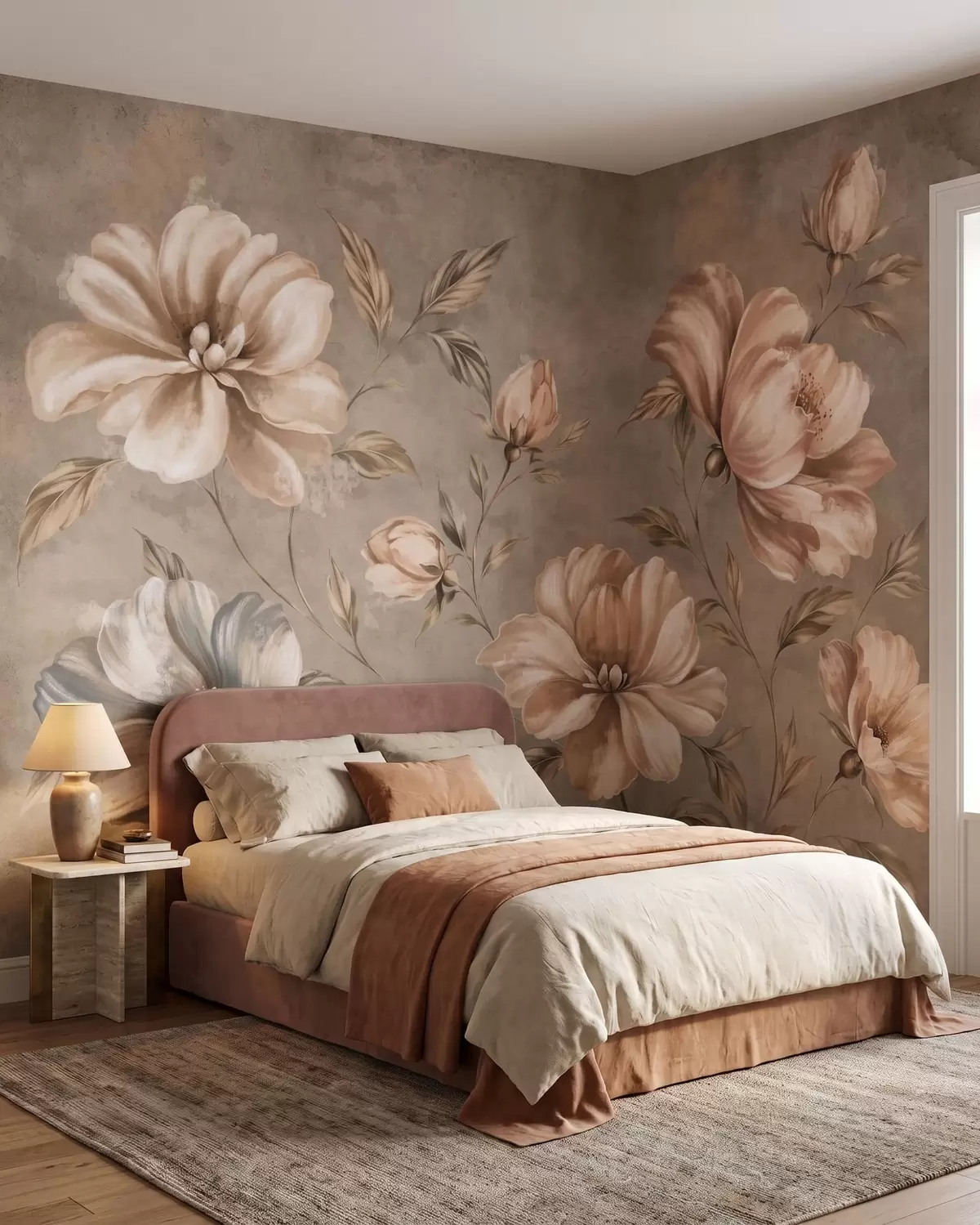 Papier peint Grandes fleurs de couleur crème et beige, accompagnées de feuilles w05958