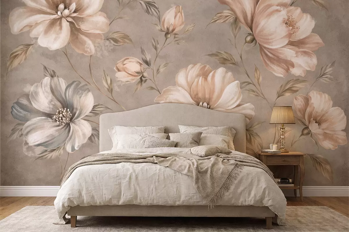 Papier peint Grandes fleurs de couleur crème et beige, accompagnées de feuilles w05958