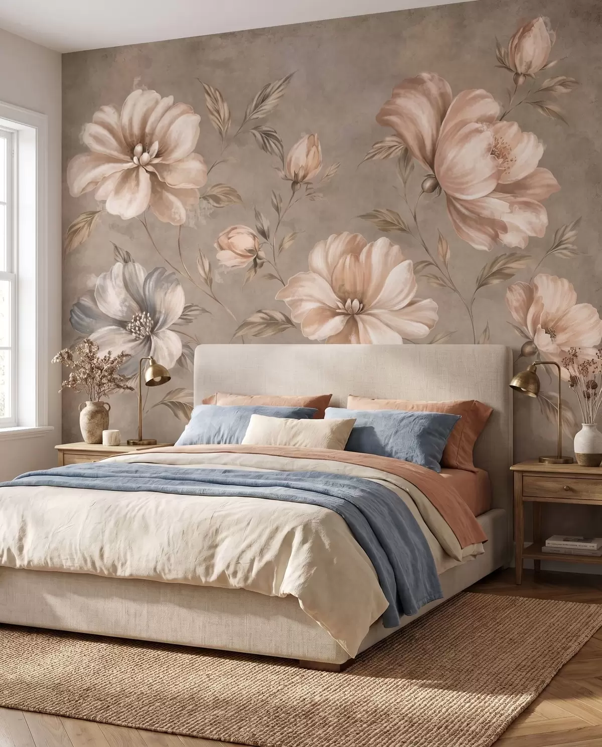 Papier peint Grandes fleurs de couleur crème et beige, accompagnées de feuilles w05958