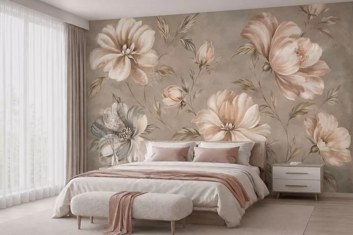 Papier peint Grandes fleurs de couleur crème et beige, accompagnées de feuilles w05958