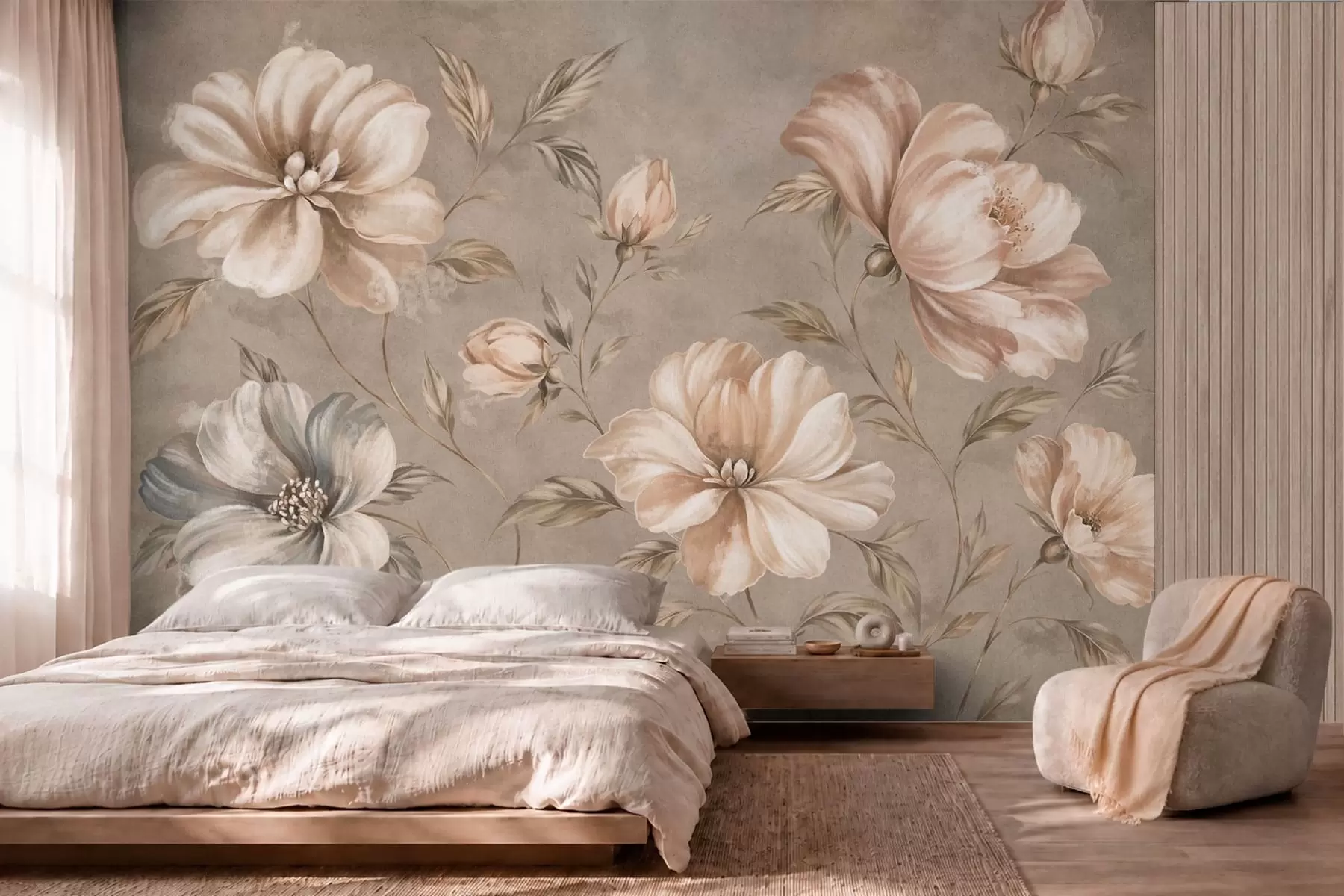 Papier peint Grandes fleurs de couleur crème et beige, accompagnées de feuilles w05958