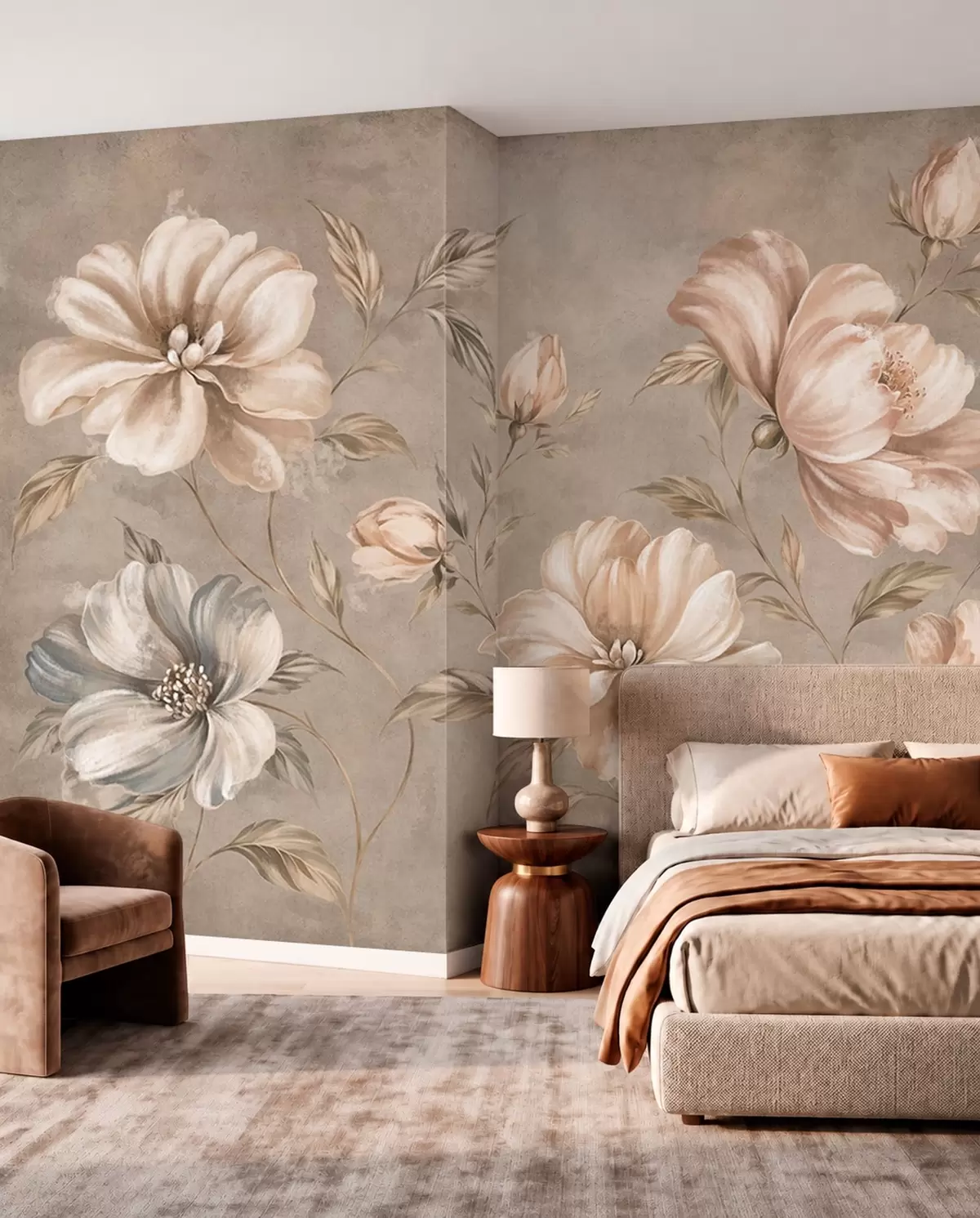 Papier peint Grandes fleurs de couleur crème et beige, accompagnées de feuilles w05958