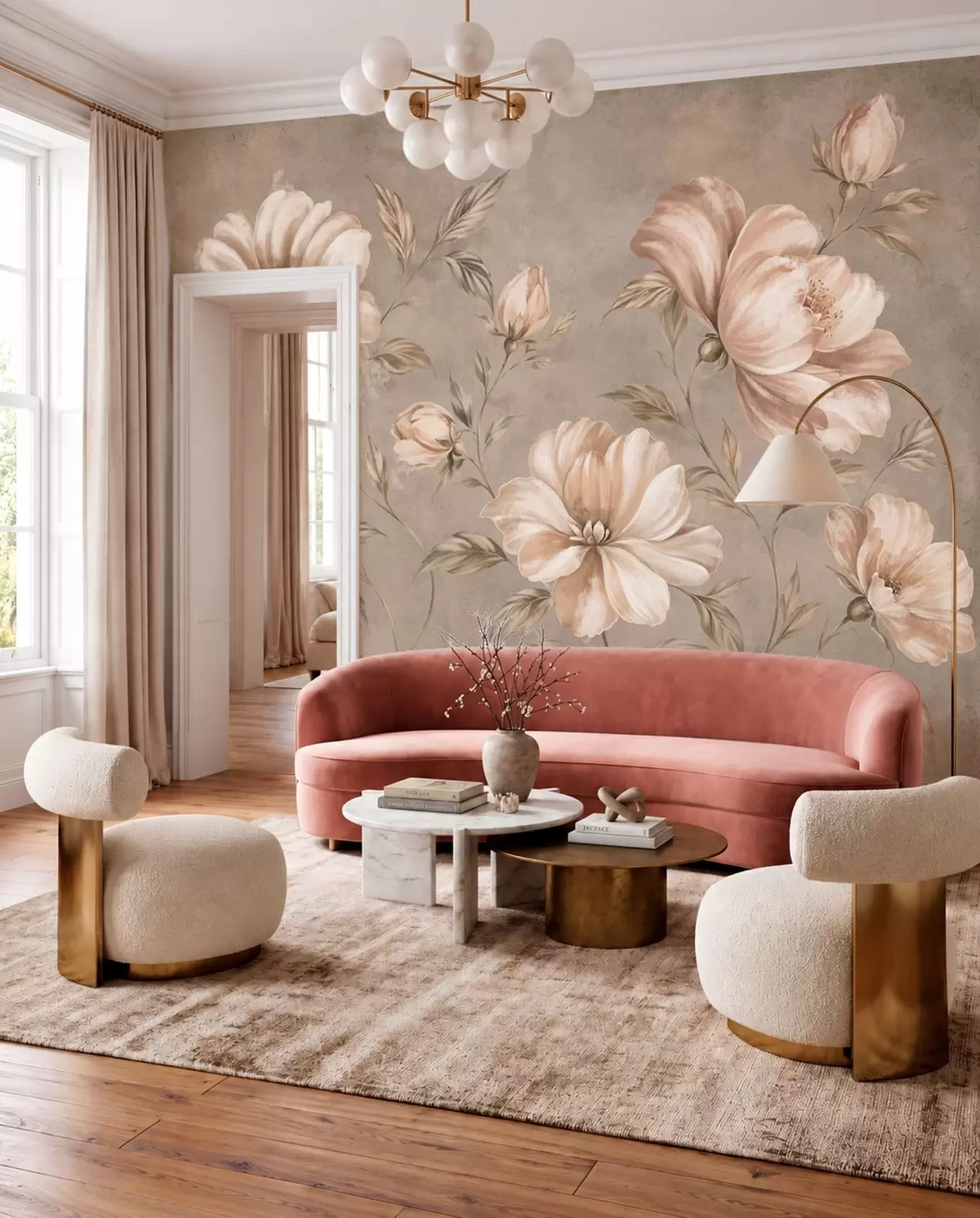 Papier peint Grandes fleurs de couleur crème et beige, accompagnées de feuilles w05958