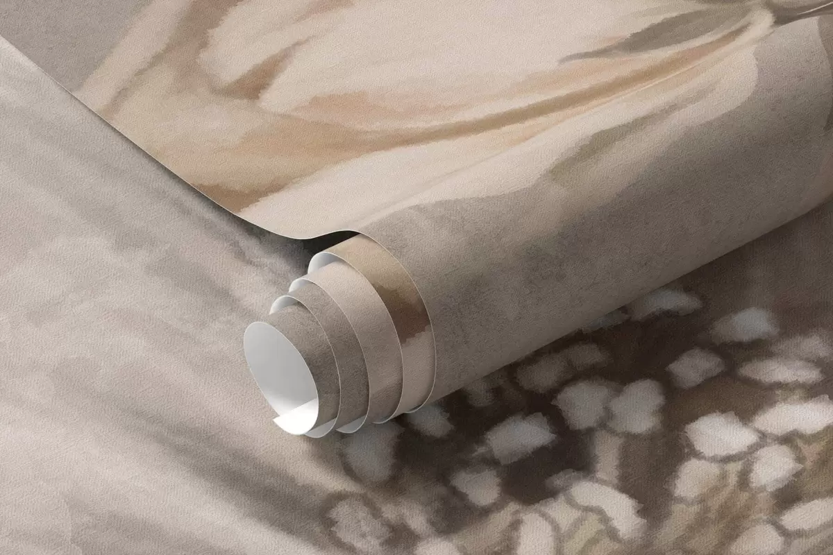 Papier peint Grandes fleurs de couleur crème et beige, accompagnées de feuilles w05958