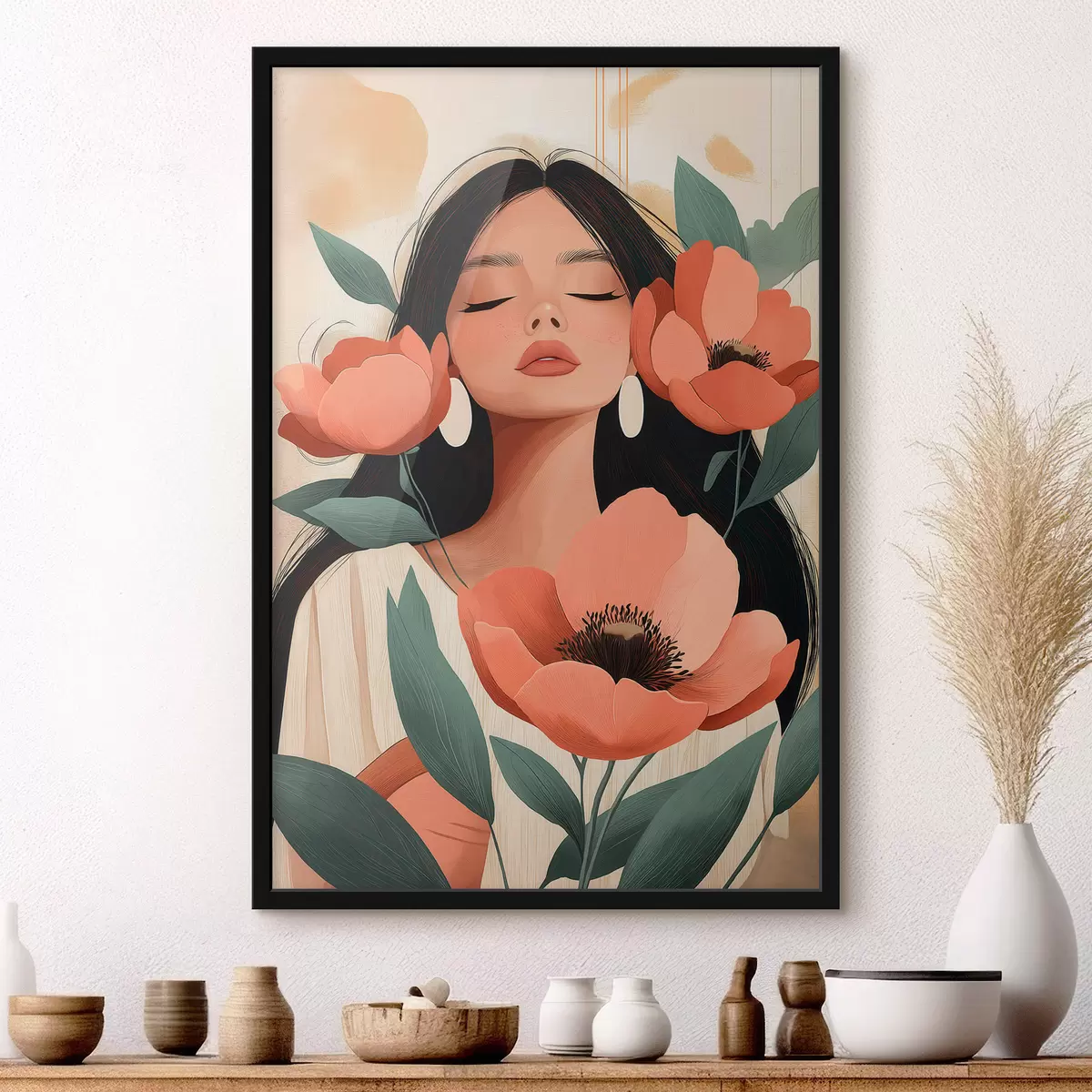 Poster Une jeune fille aux coquelicots f51050